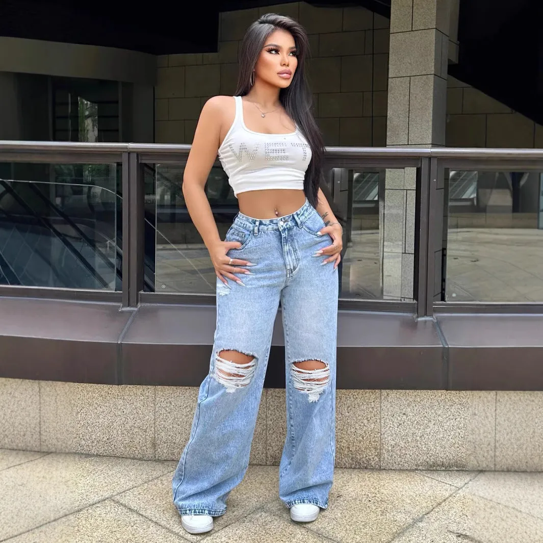 Women’s Ripped Jeans - Wide Leg Washed Blue