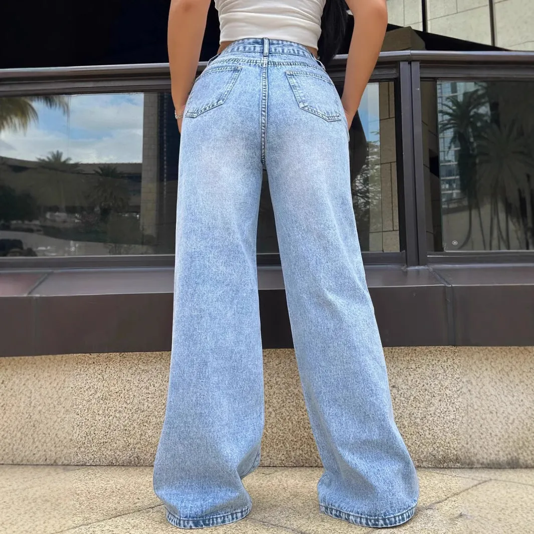 Women’s Ripped Jeans - Wide Leg Washed Blue