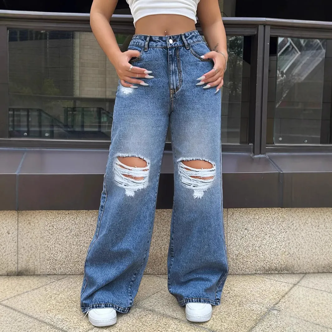 Women’s Ripped Jeans - Wide Leg Washed Blue