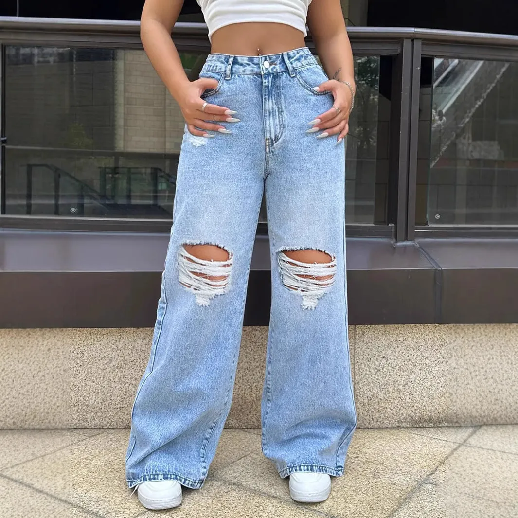 Women’s Ripped Jeans - Wide Leg Washed Blue