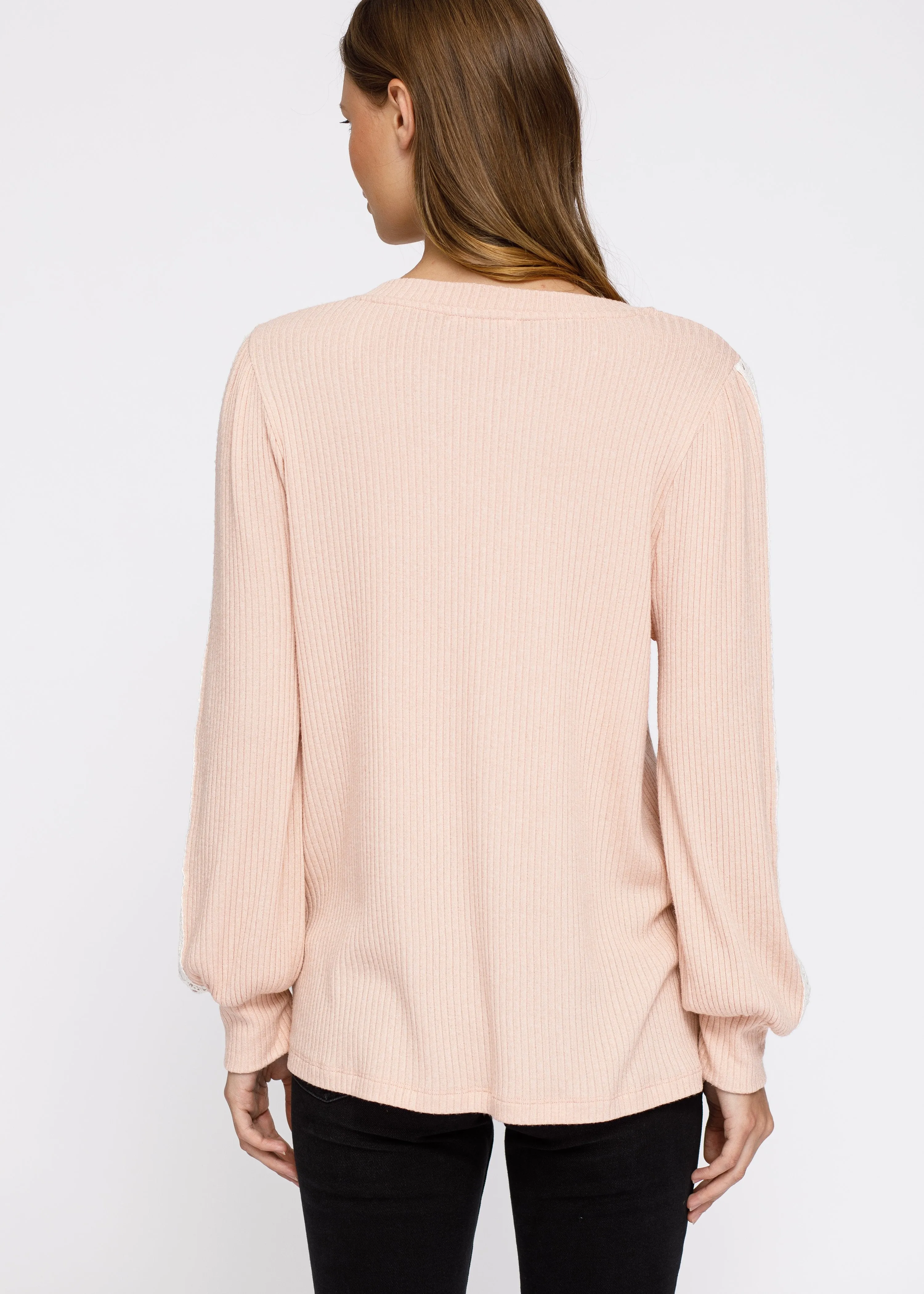 Women's Round Neck Sweater With Long Cuff Sleeves in Blush