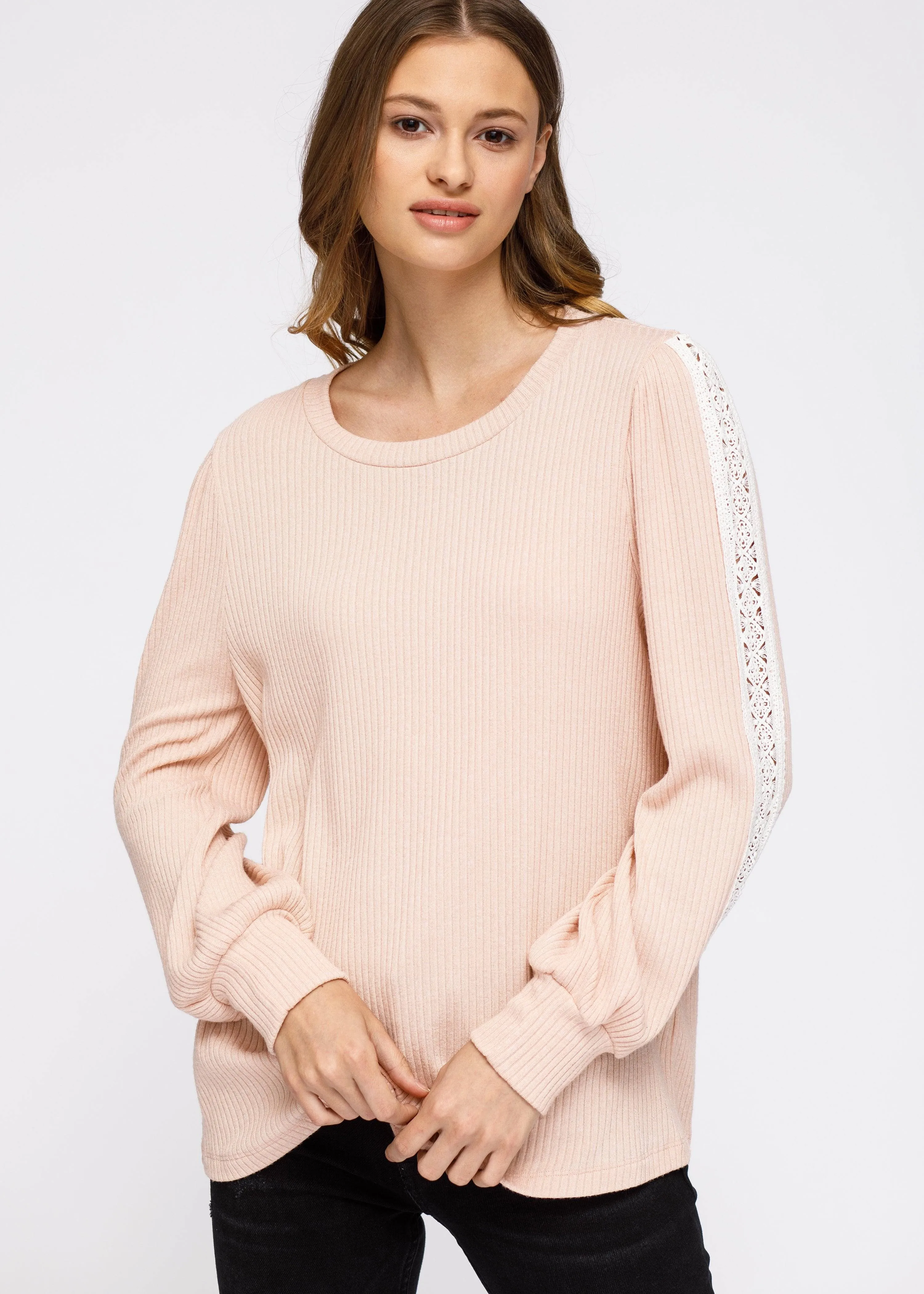 Women's Round Neck Sweater With Long Cuff Sleeves in Blush