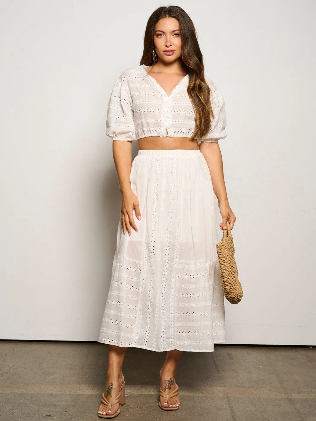 WOMEN'S SHORT SLEEVE CROP TOP & ELASTIC WAIST MAXI SKIRT 2PC SET