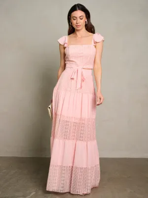WOMEN'S SHORT SLEEVE CROP TOP & MAXI SKIRT LACE DETAILED 2PC. SET
