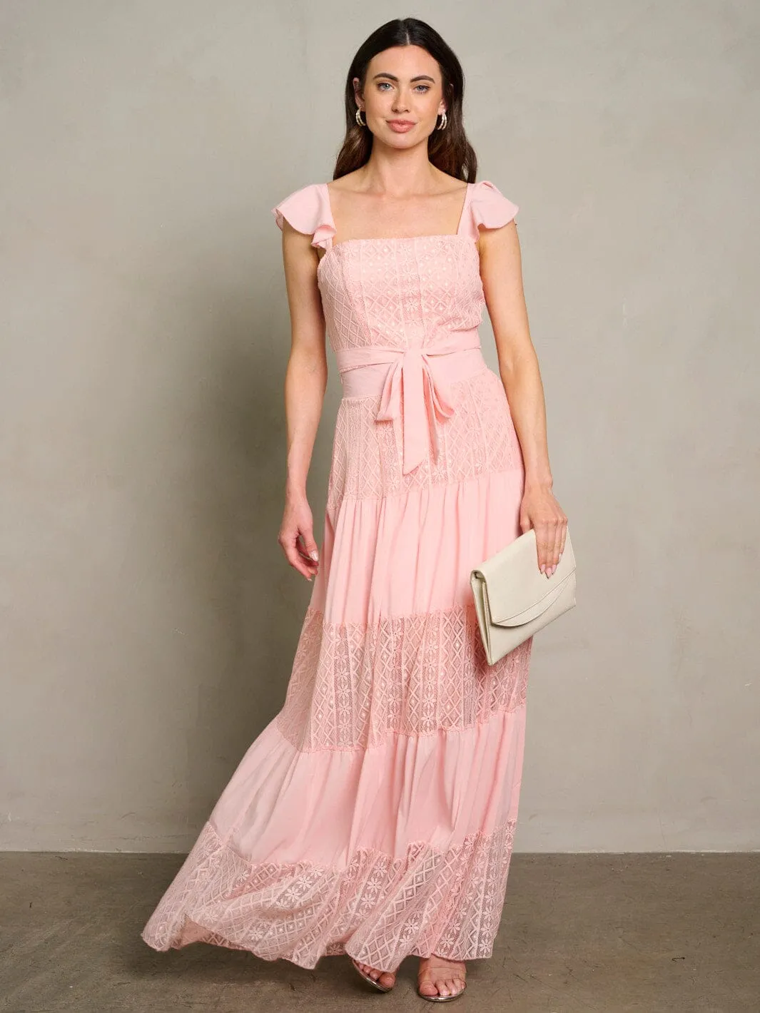 WOMEN'S SHORT SLEEVE CROP TOP & MAXI SKIRT LACE DETAILED 2PC. SET