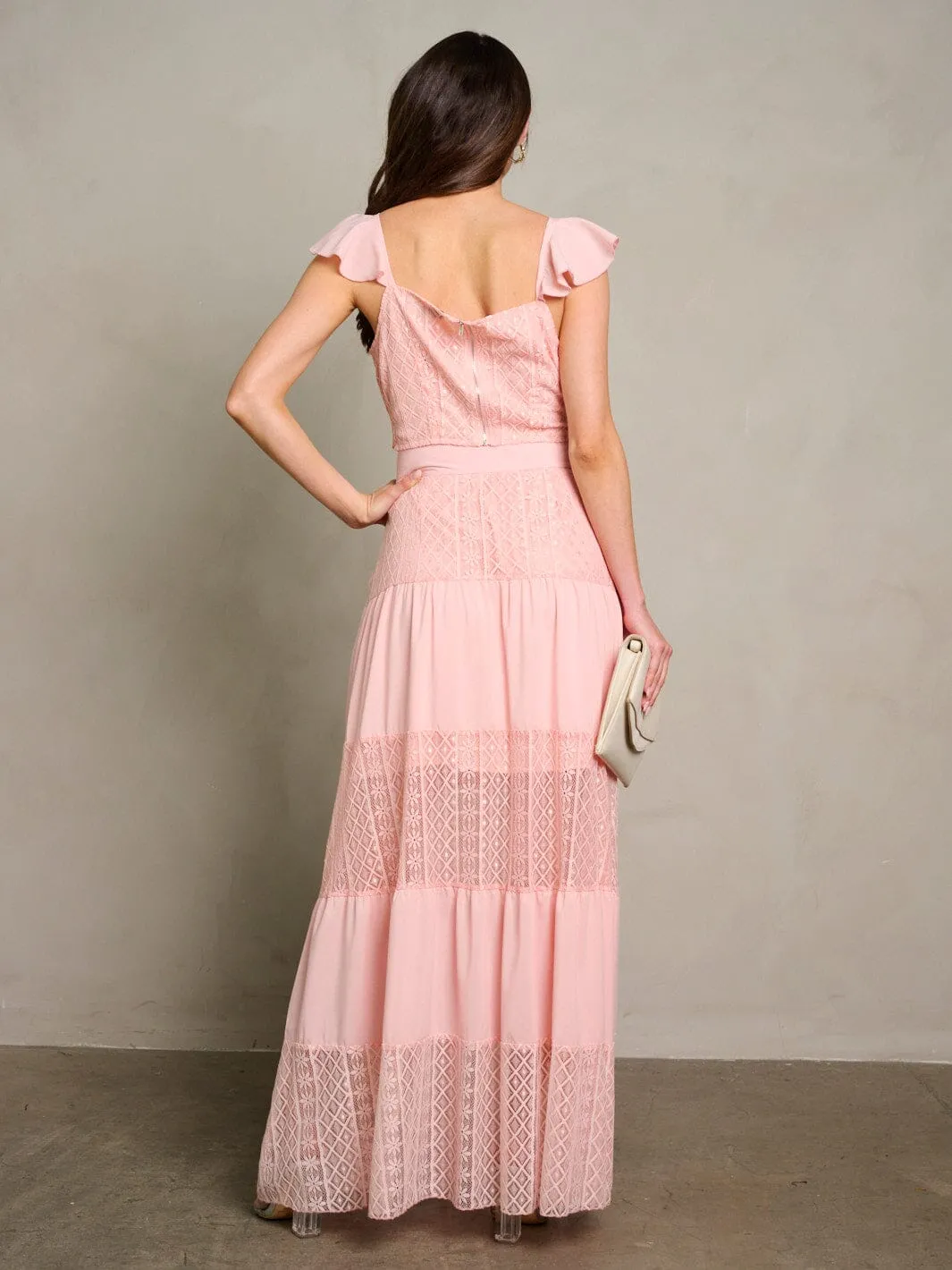 WOMEN'S SHORT SLEEVE CROP TOP & MAXI SKIRT LACE DETAILED 2PC. SET