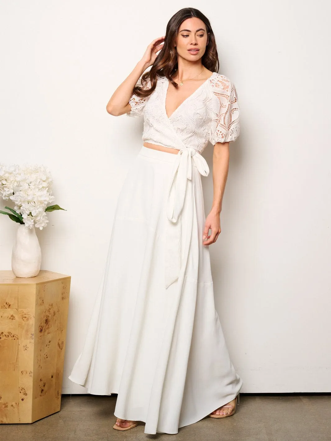 WOMEN'S SHORT SLEEVE EYELET CROP TOP & MAXI SKIRT 2PC. SET