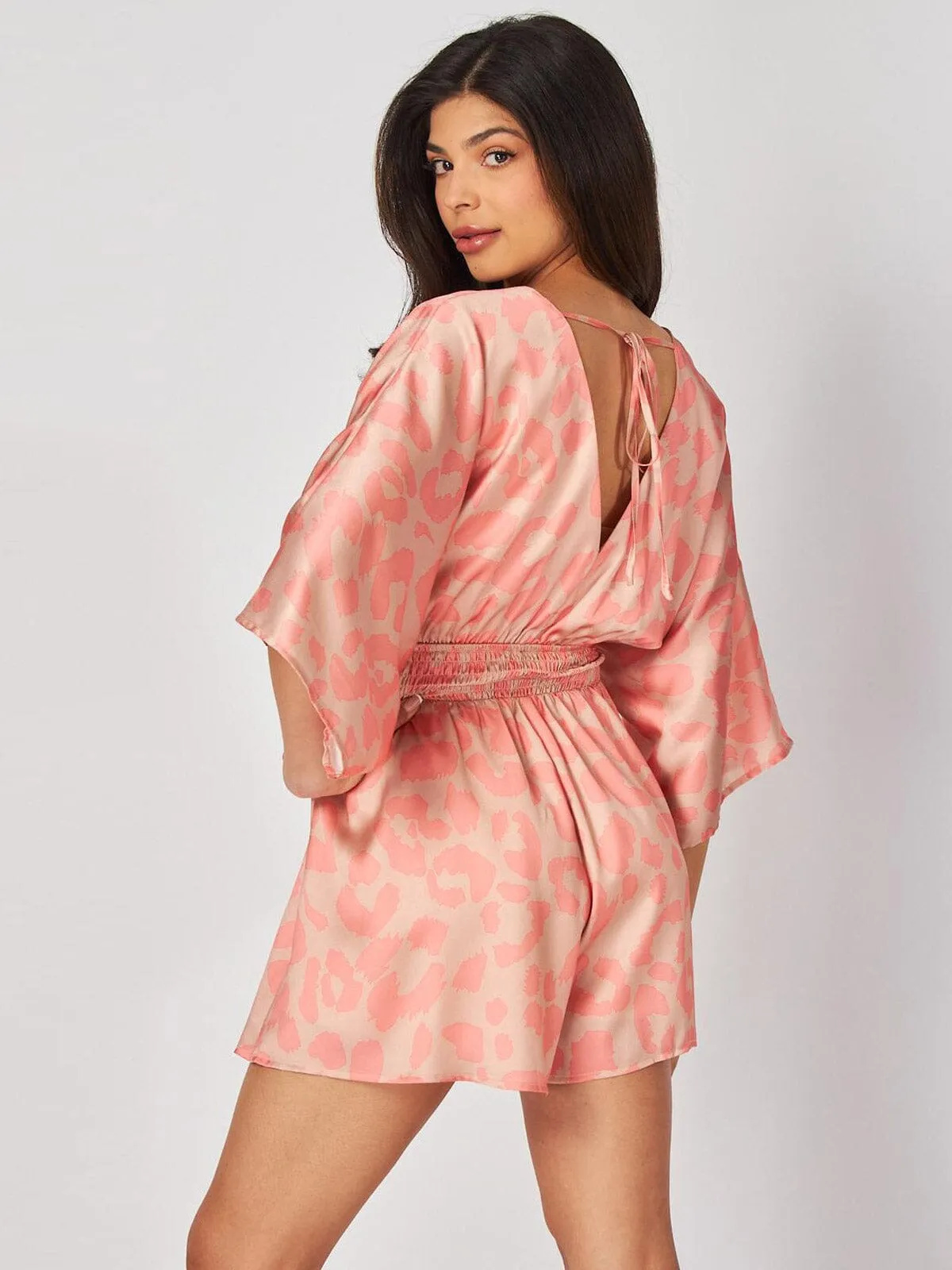 WOMEN'S SHORT SLEEVE SURPLICE FRONT POCKETS ANIMAL PRINT ROMPER