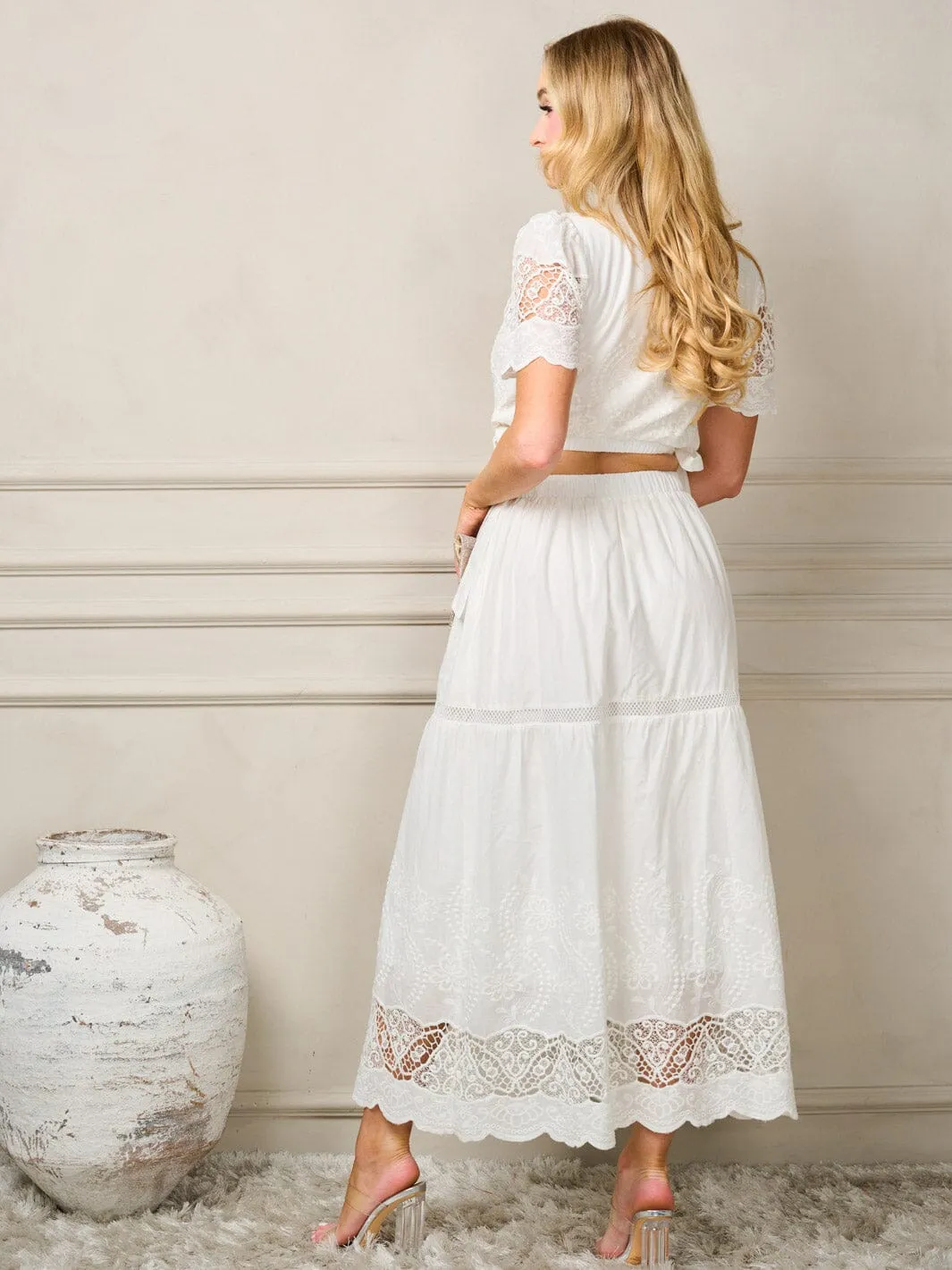 WOMEN'S SHORT SLEEVE V-NECK TOP & DETAILED MAXI SKIRT 2PC. SET