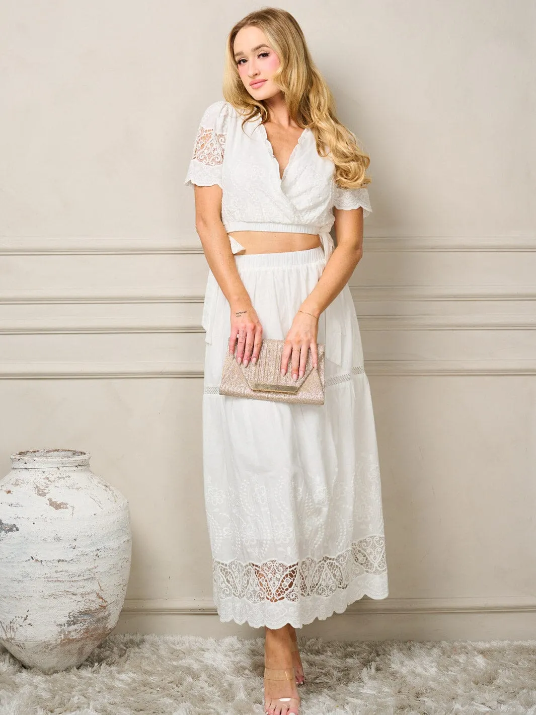 WOMEN'S SHORT SLEEVE V-NECK TOP & DETAILED MAXI SKIRT 2PC. SET