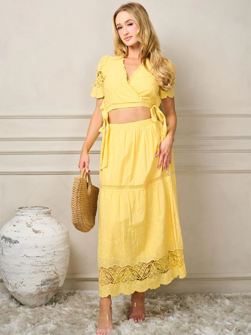 WOMEN'S SHORT SLEEVE V-NECK TOP & DETAILED MAXI SKIRT 2PC. SET