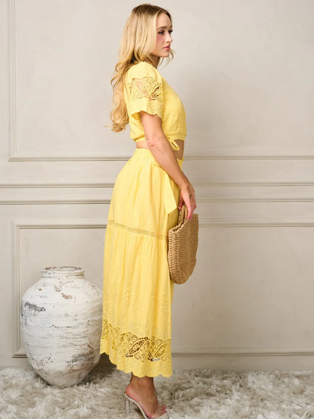 WOMEN'S SHORT SLEEVE V-NECK TOP & DETAILED MAXI SKIRT 2PC. SET