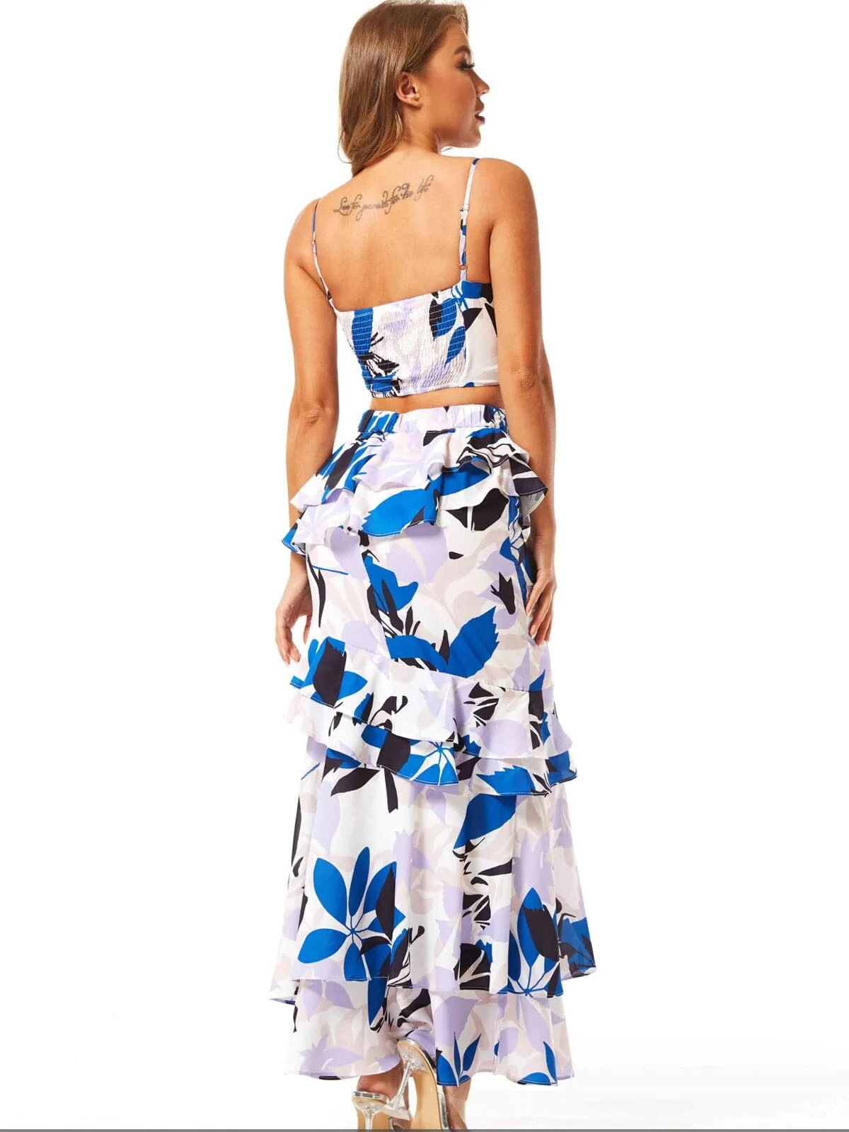 WOMEN'S SLEEVELESS CROP TOP & MAXI SKIRT RUFFLE FLORAL 2PC. SET