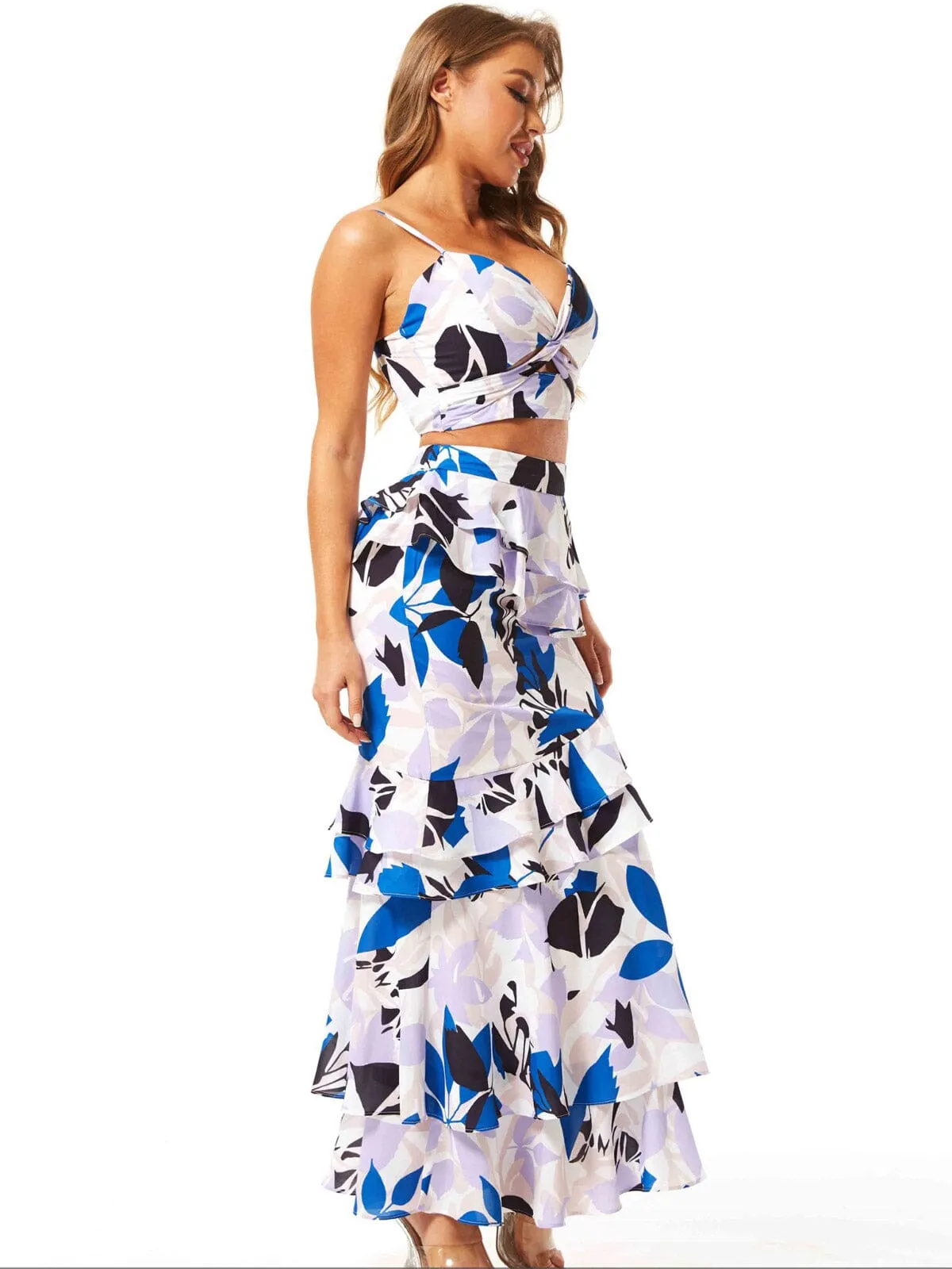 WOMEN'S SLEEVELESS CROP TOP & MAXI SKIRT RUFFLE FLORAL 2PC. SET