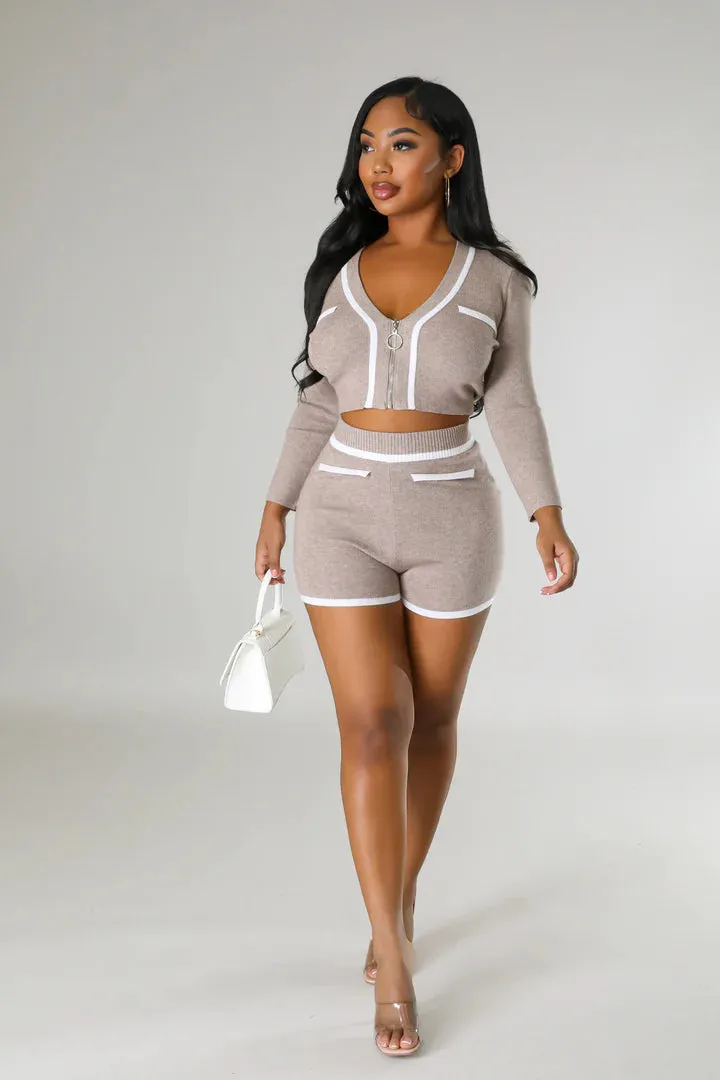 Women's Stylish High waisted Knit Long Sleeve Short Set