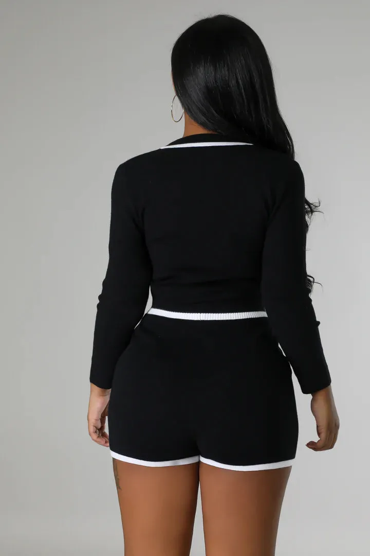 Women's Stylish High waisted Knit Long Sleeve Short Set