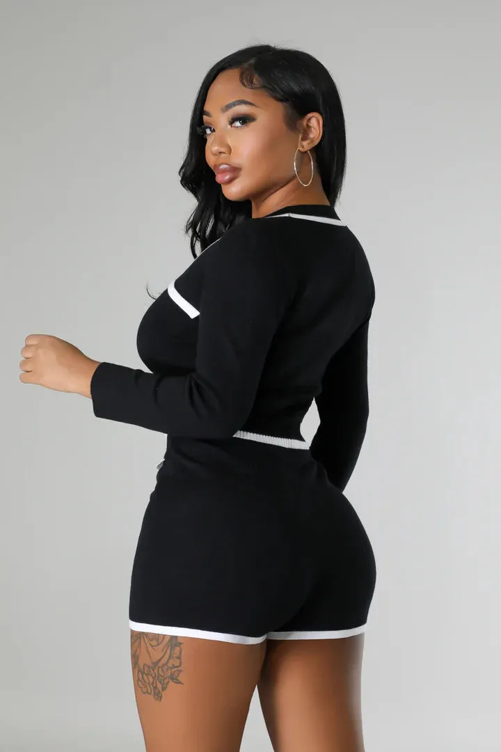 Women's Stylish High waisted Knit Long Sleeve Short Set