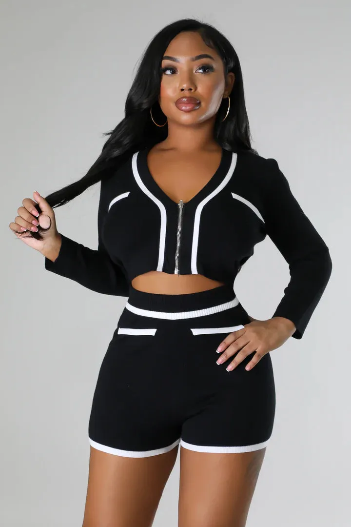 Women's Stylish High waisted Knit Long Sleeve Short Set