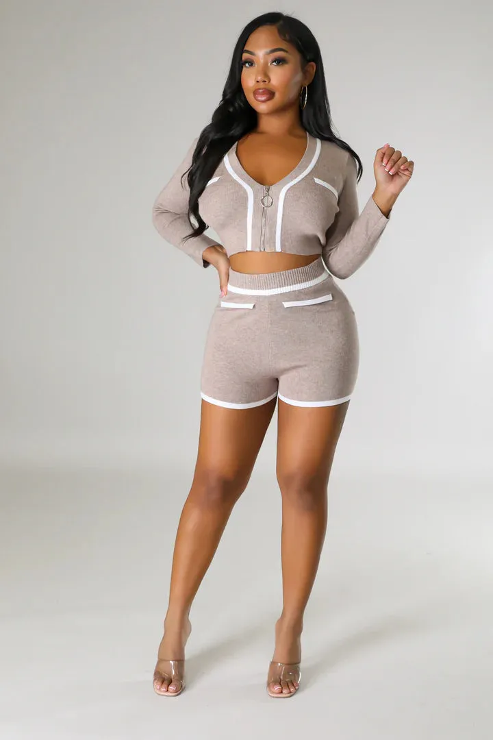 Women's Stylish High waisted Knit Long Sleeve Short Set
