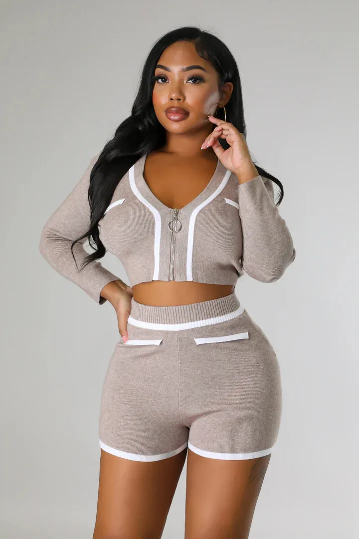 Women's Stylish High waisted Knit Long Sleeve Short Set