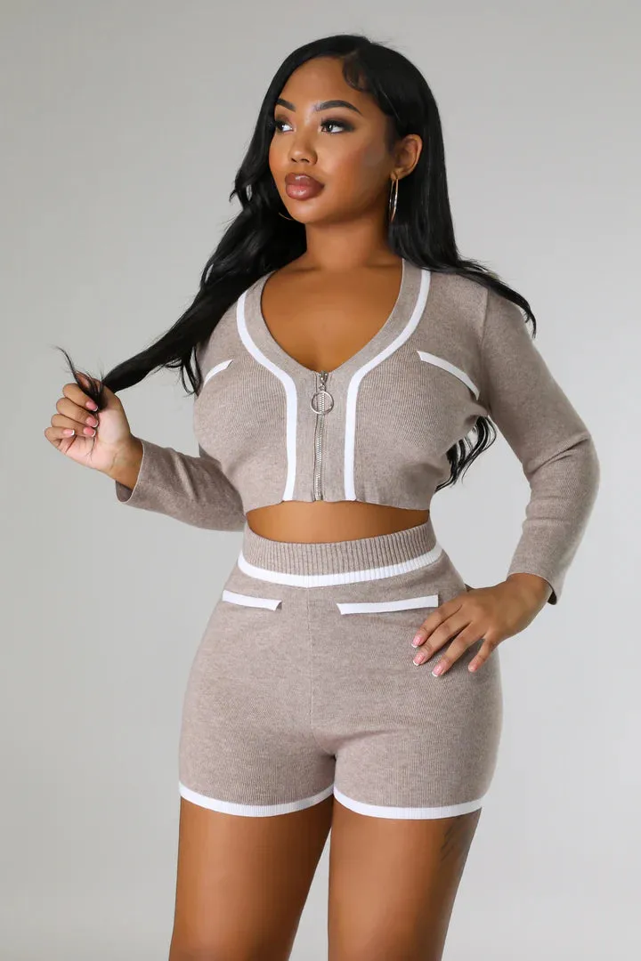 Women's Stylish High waisted Knit Long Sleeve Short Set