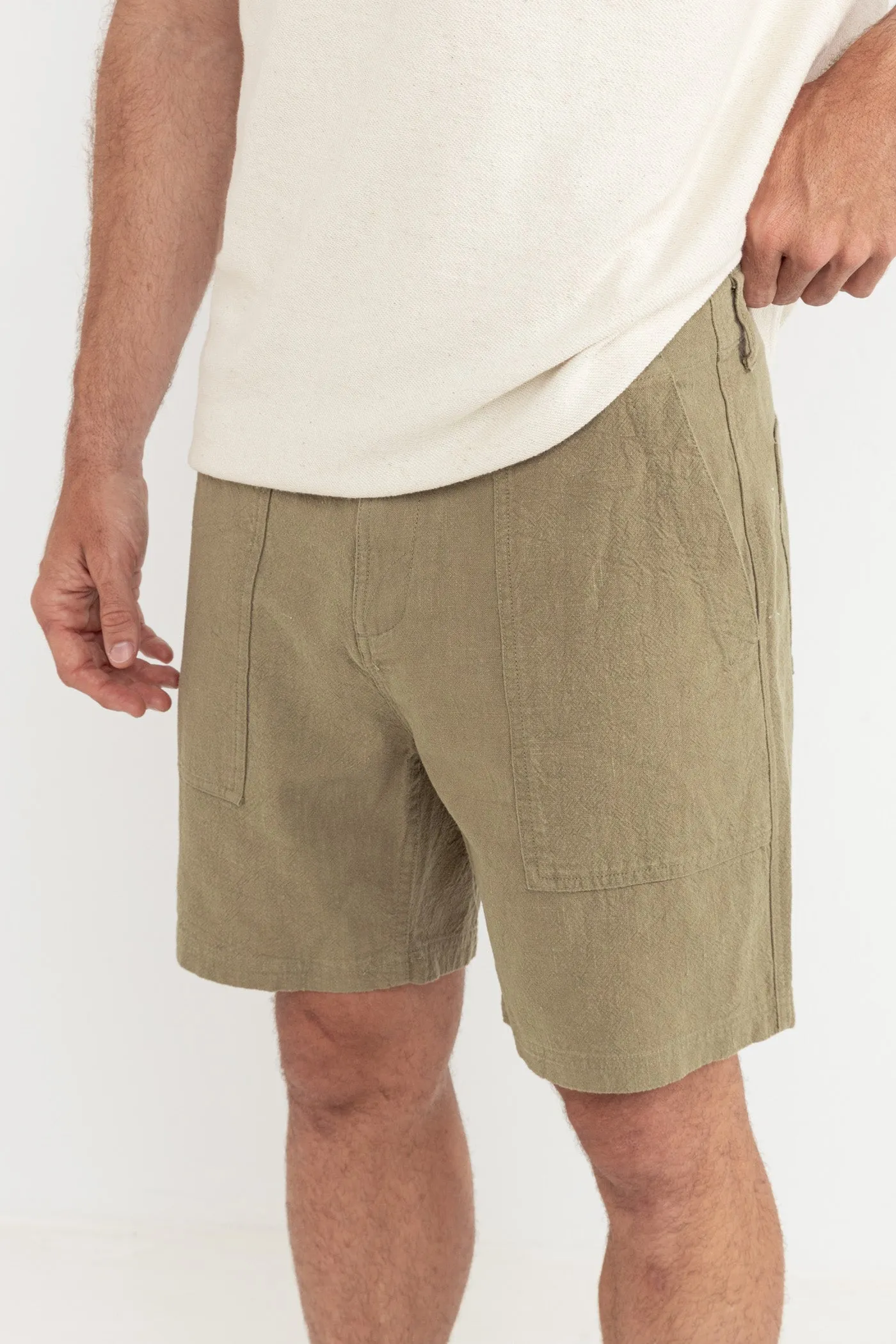 Worn Path Textured Linen Short Olive