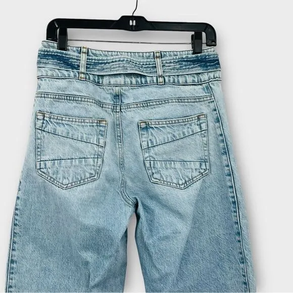 WRAP London High Waist Belted Straight Leg Jeans in Light Wash Denim Women’s 6