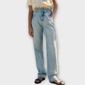 WRAP London High Waist Belted Straight Leg Jeans in Light Wash Denim Women’s 6