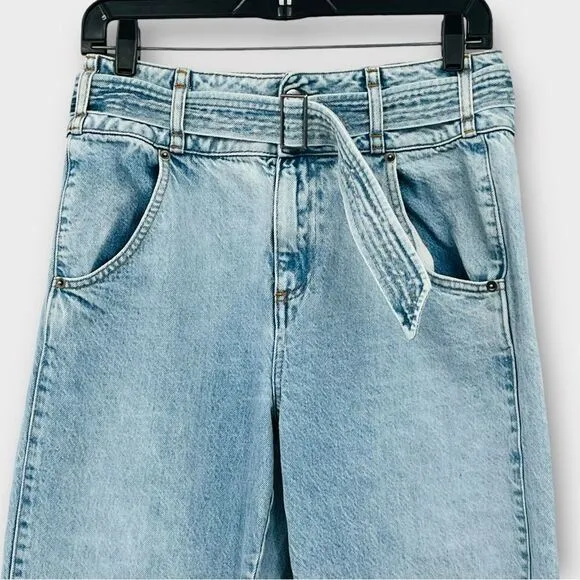 WRAP London High Waist Belted Straight Leg Jeans in Light Wash Denim Women’s 6