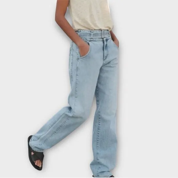 WRAP London High Waist Belted Straight Leg Jeans in Light Wash Denim Women’s 6