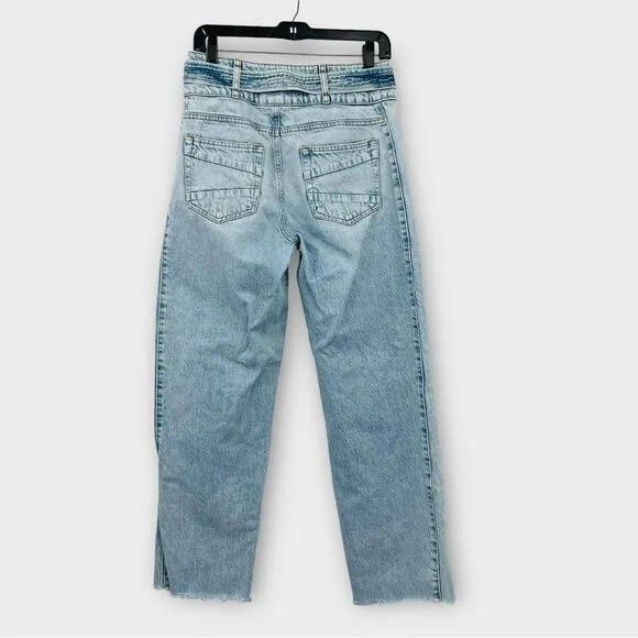 WRAP London High Waist Belted Straight Leg Jeans in Light Wash Denim Women’s 6