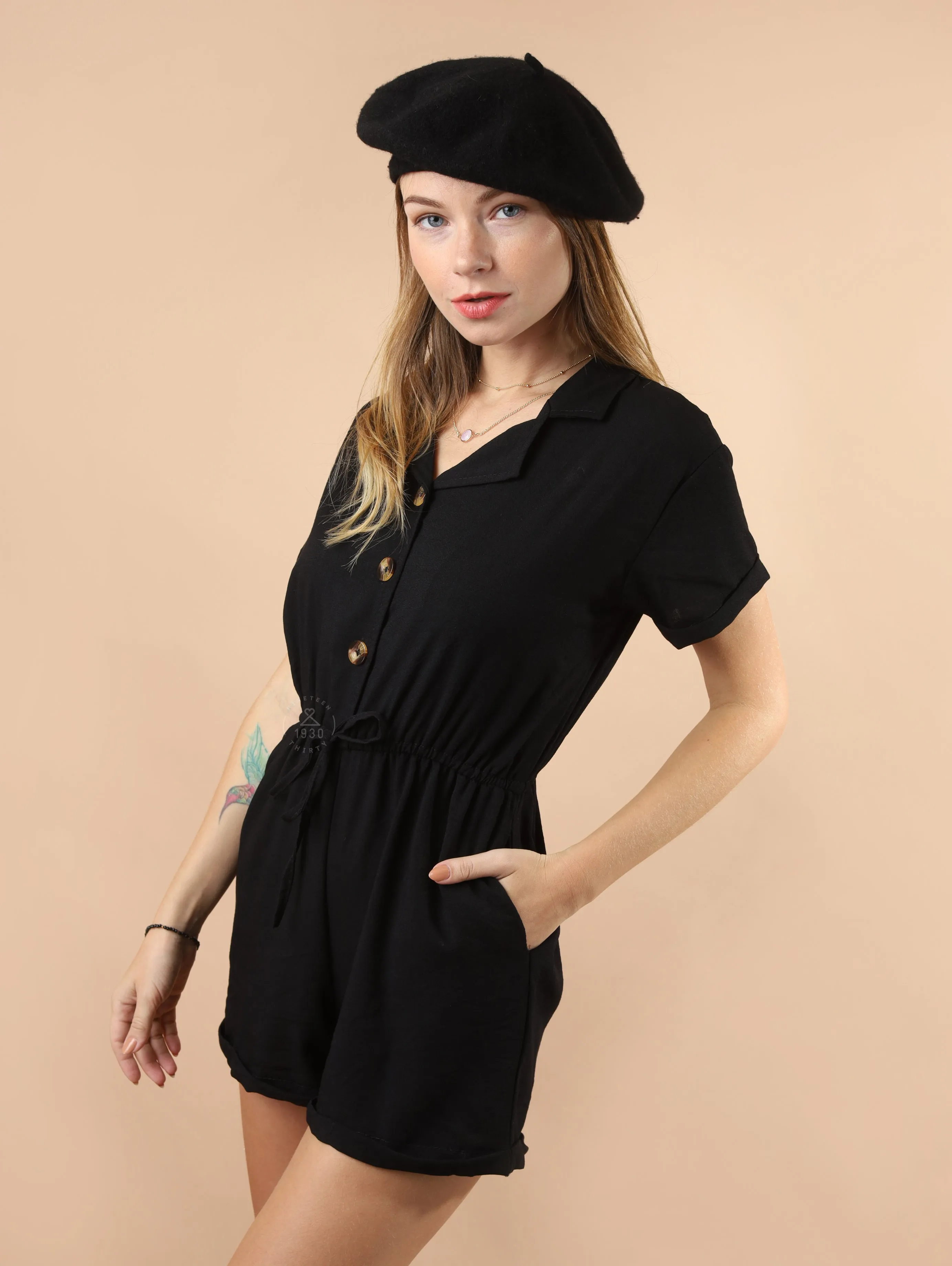 WREN Buttoned Romper (Black)