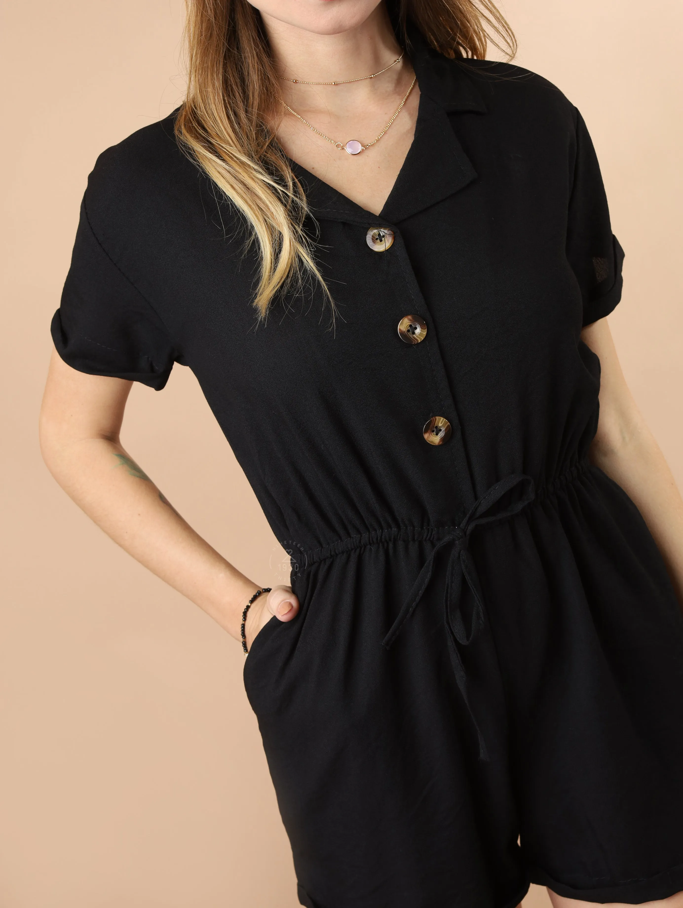 WREN Buttoned Romper (Black)
