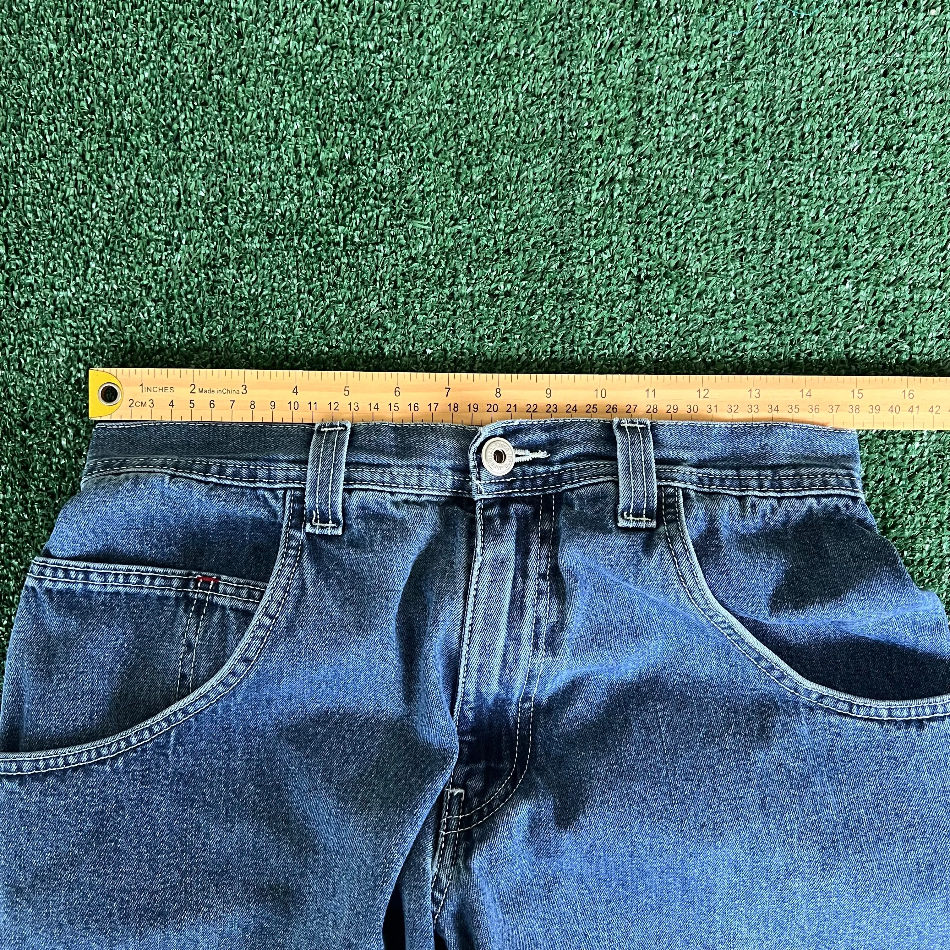Y2K JNCO Jeans Baggy Wide-Leg Red Stripe Medium Wash Blue Jeans - 30x29" 25.5" Openings