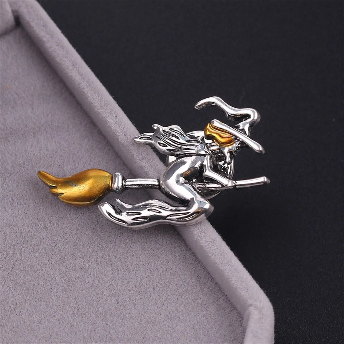 Yellow & Silver-Plated Flying Witch Brooch