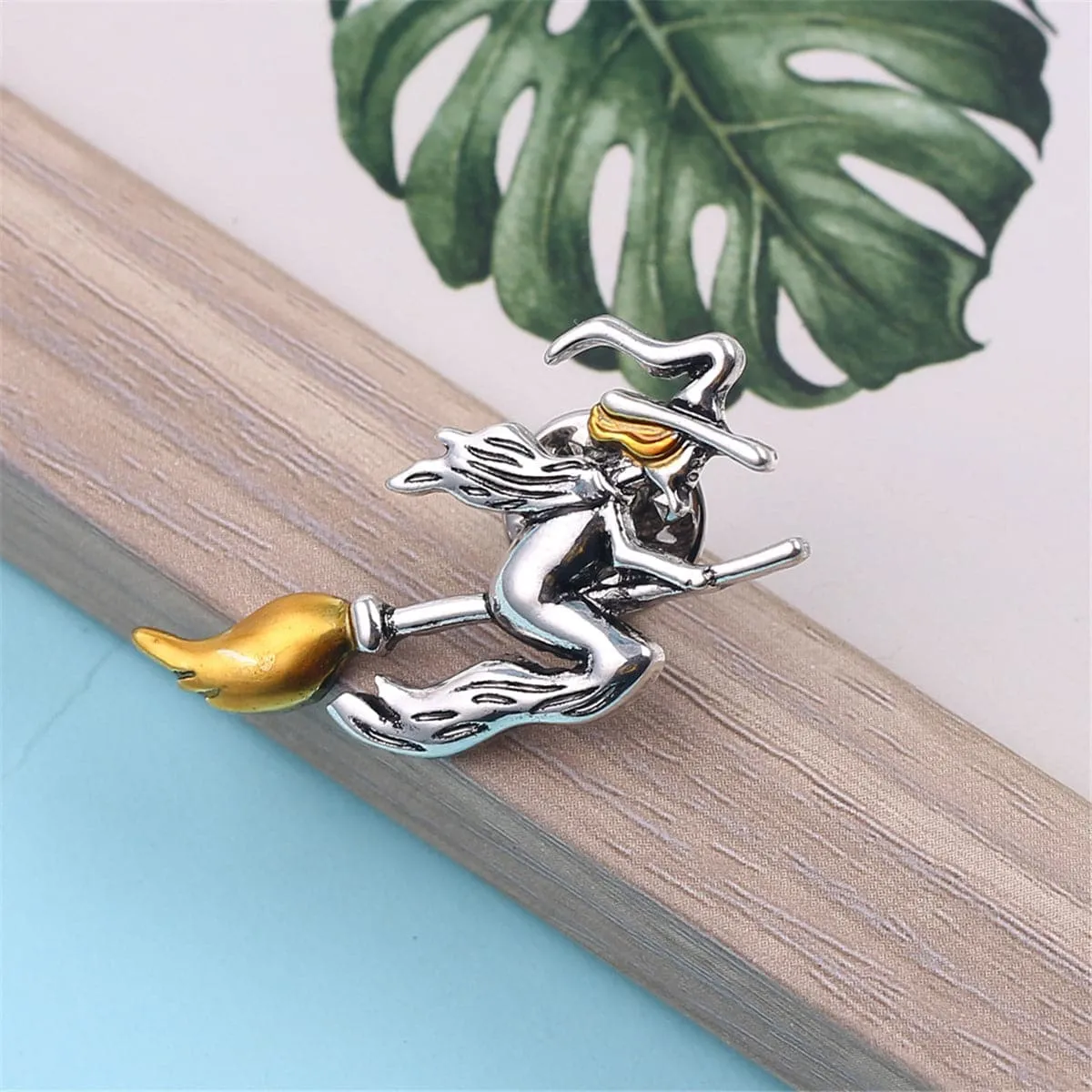 Yellow & Silver-Plated Flying Witch Brooch