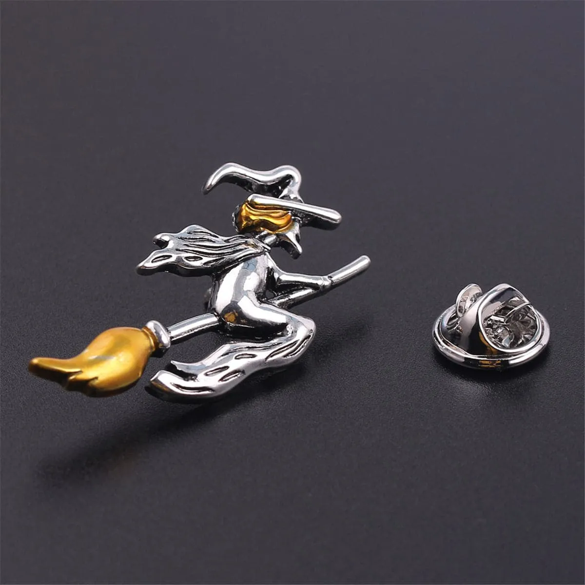 Yellow & Silver-Plated Flying Witch Brooch