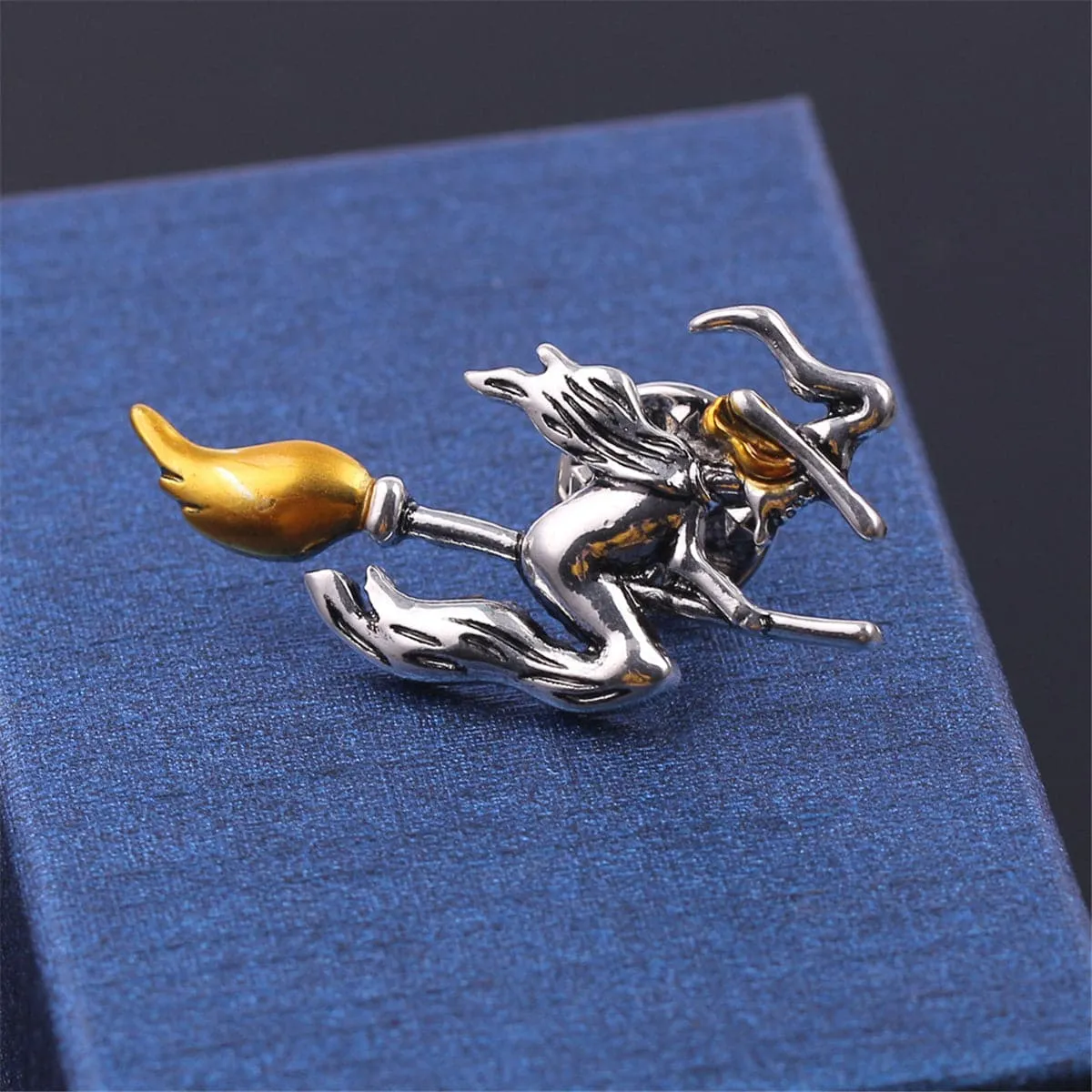 Yellow & Silver-Plated Flying Witch Brooch