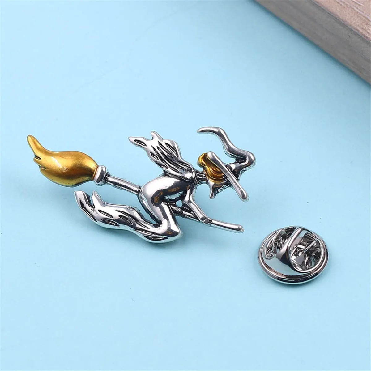 Yellow & Silver-Plated Flying Witch Brooch