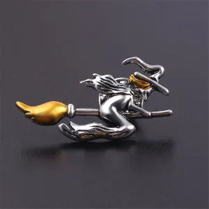 Yellow & Silver-Plated Flying Witch Brooch