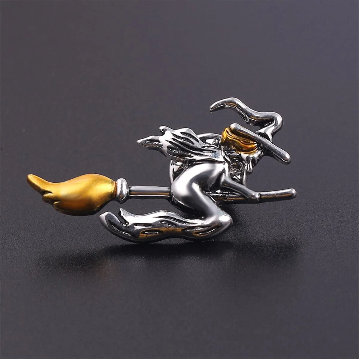 Yellow & Silver-Plated Flying Witch Brooch
