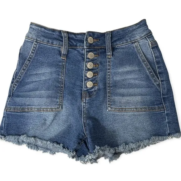 Ymi 𝅺ymi solid HighWaisted Denim Shorts with a distressed hem!