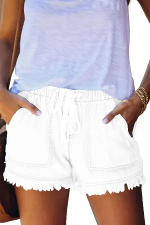 YOCUR Womens Denim Shorts Colored Denim Shorts Flowy Fashion Board Shorts Elastic Waist Fringe Drawstring Shorts Juniors Lounge Size 10 Jean Shorts White L