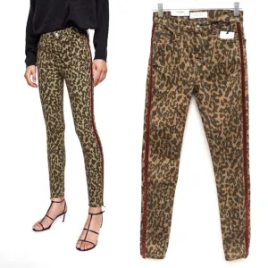 Zara Leopard Velvet Trim Stretch Skinny Jeans NEW