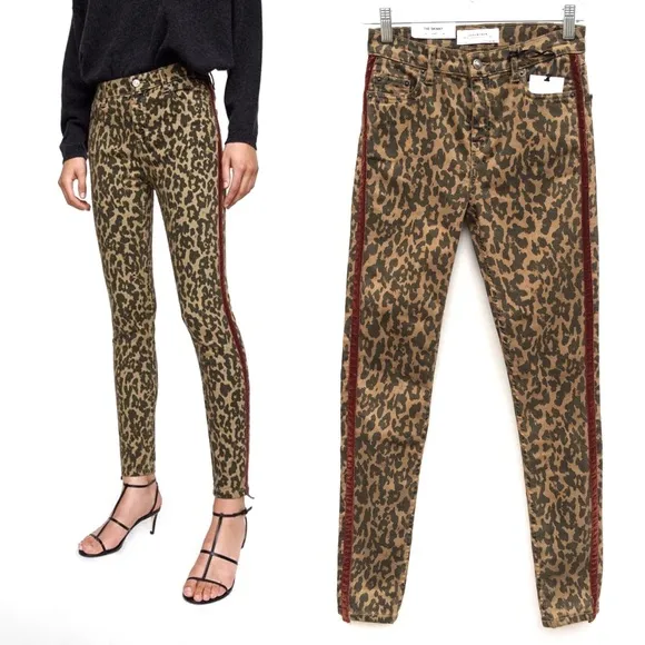 Zara Leopard Velvet Trim Stretch Skinny Jeans NEW