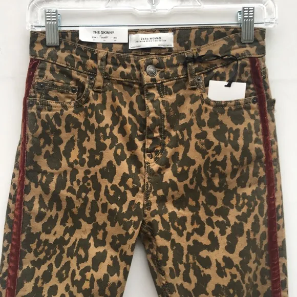 Zara Leopard Velvet Trim Stretch Skinny Jeans NEW