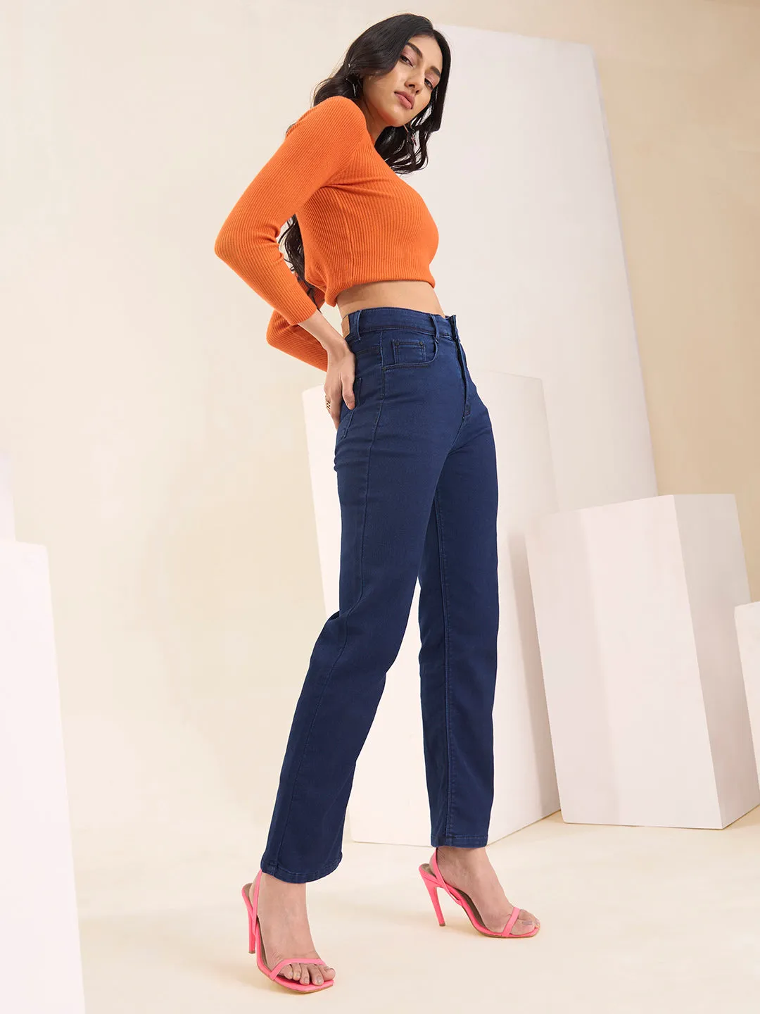 ZOLA Exclusive Denim High Waist Clean Look Stretchable DxBlue Straight Jeans For Women