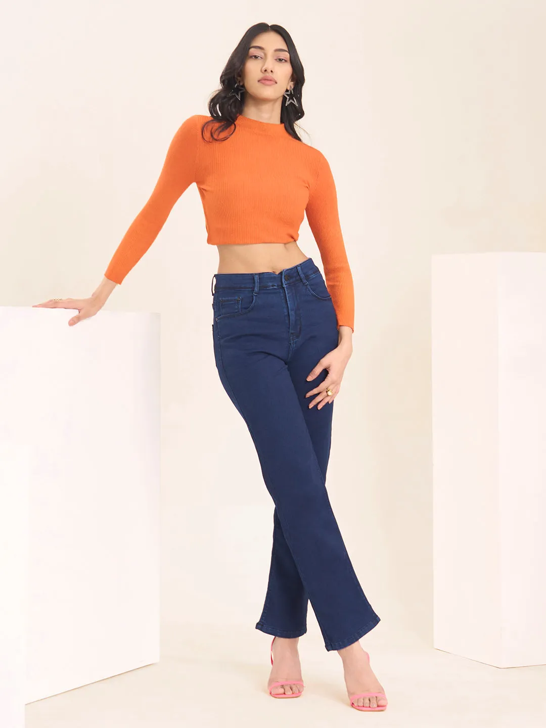 ZOLA Exclusive Denim High Waist Clean Look Stretchable DxBlue Straight Jeans For Women