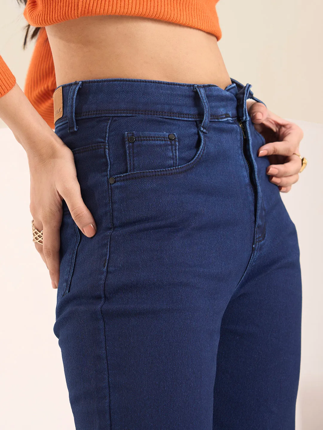 ZOLA Exclusive Denim High Waist Clean Look Stretchable DxBlue Straight Jeans For Women